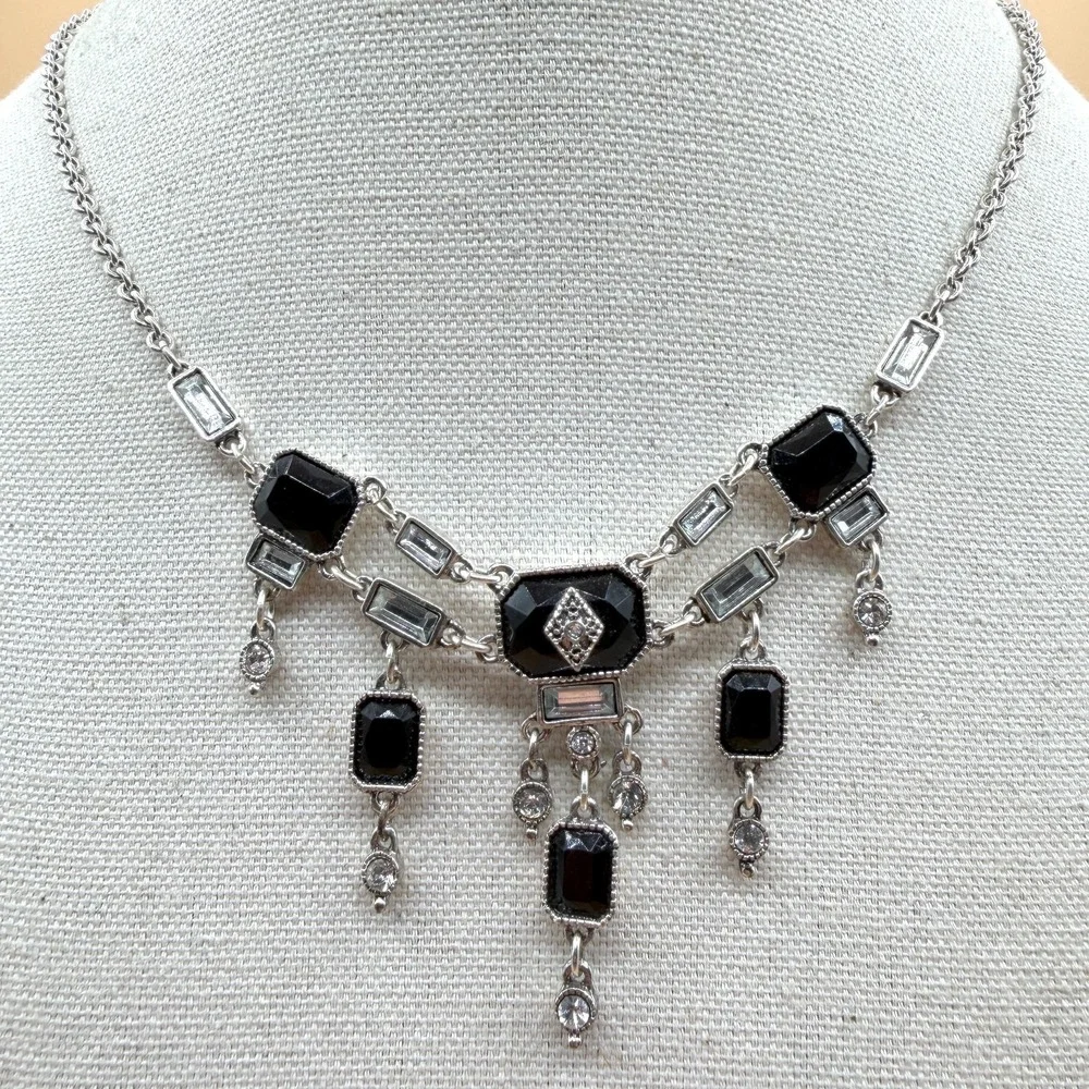 Black Faceted Crystal Rhinestone Silver Tone Dangle Bib Statement Necklace Deco